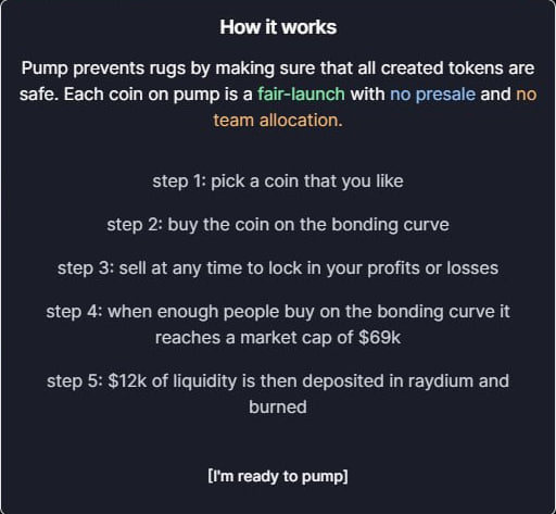 pump.fun welcome modal — '[i'm ready to pump]' button